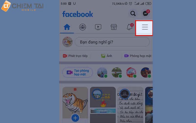 vào app Facebook ấn vào biểu tượng dấu ba gạch ngang