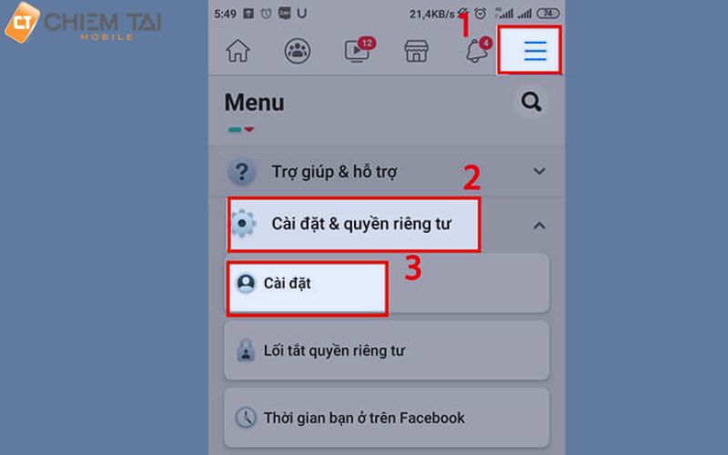 mở app Facebook chọn biểu tượng ba dấu gạch ngang rồi click cài đặt và quyền riêng tư sau đó ấn cài đặt