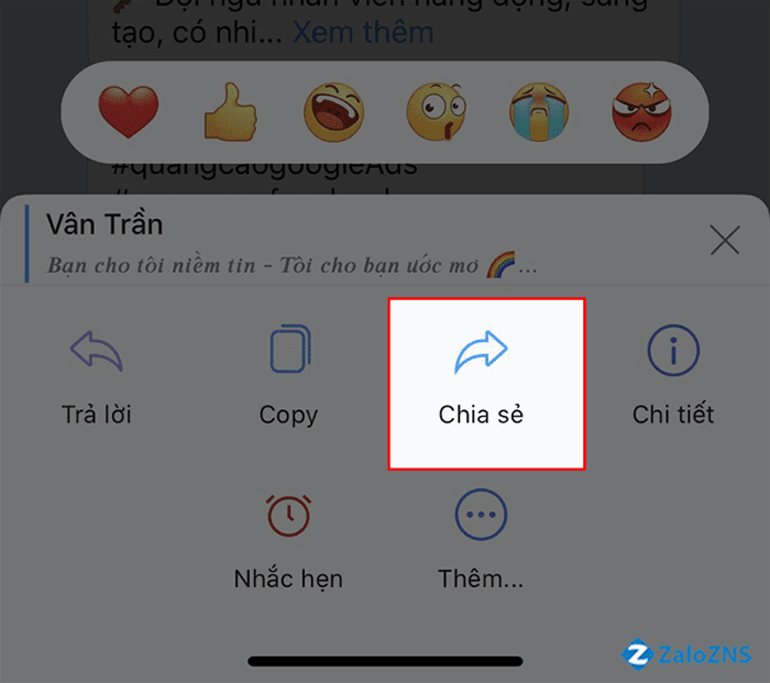 Nhấn giữ và chọn chia sẻ