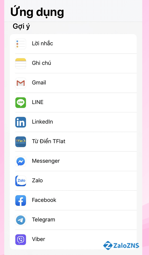Chọn ứng dụng bạn muốn chia sẻ