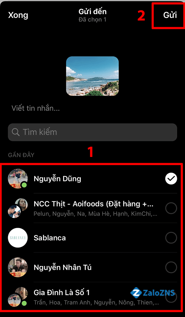 Chọn người muốn gửi và nhấn "Gửi"