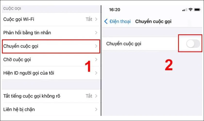Tại mục Chuyển cuộc gọi kéo nút gạt sang phải để tắt