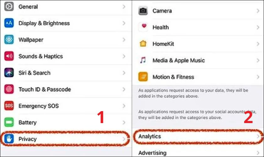 Nhấp vào Quyền riêng tư Privacy. Chọn vào mục Analytics