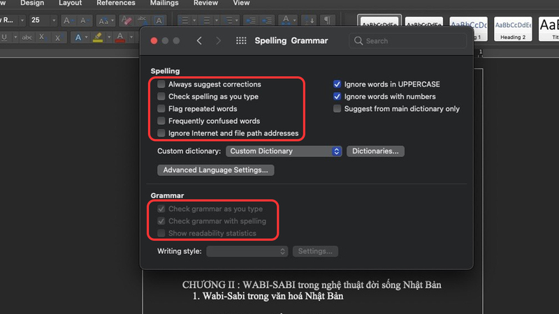 Bỏ dấu chọn ở các mục Spelling và Grammar