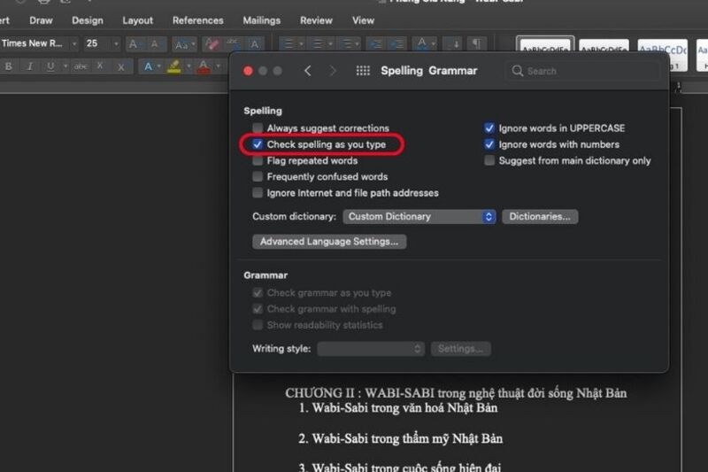 Đánh dấu vào tùy chọn check spelling as you type