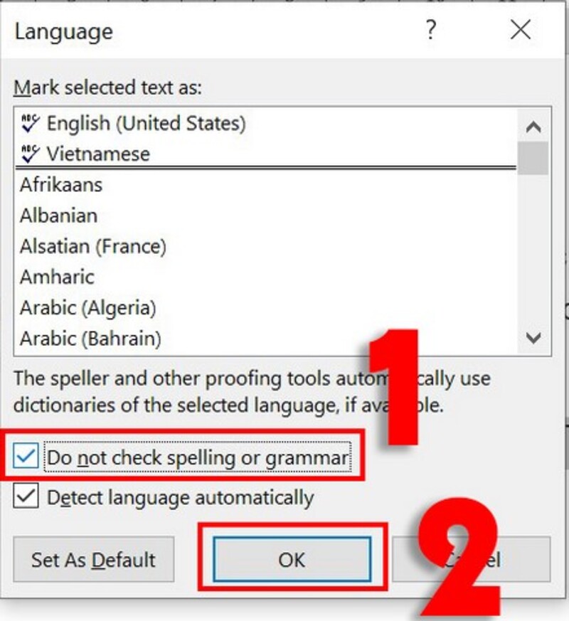 Tích vào ô Do not check spelling or grammar