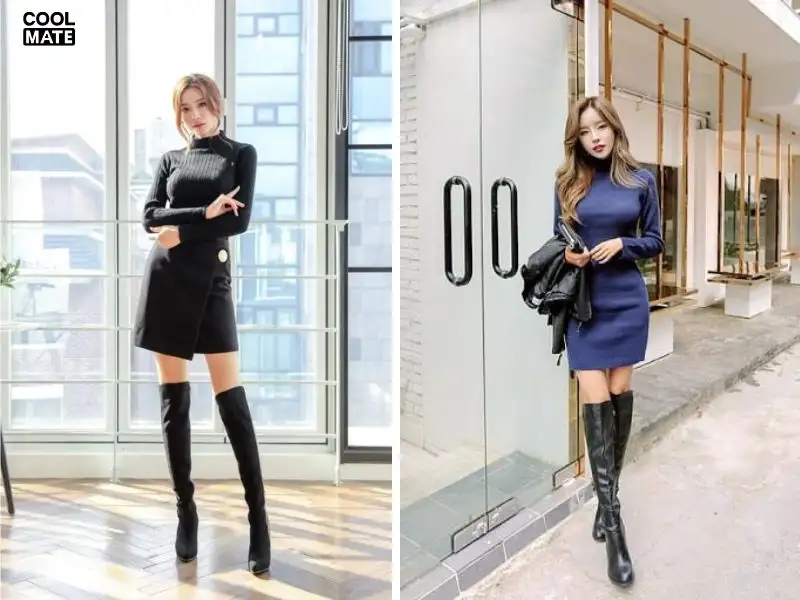 Kết hợp váy len cùng boots cao cổ là set đồ gợi cảm