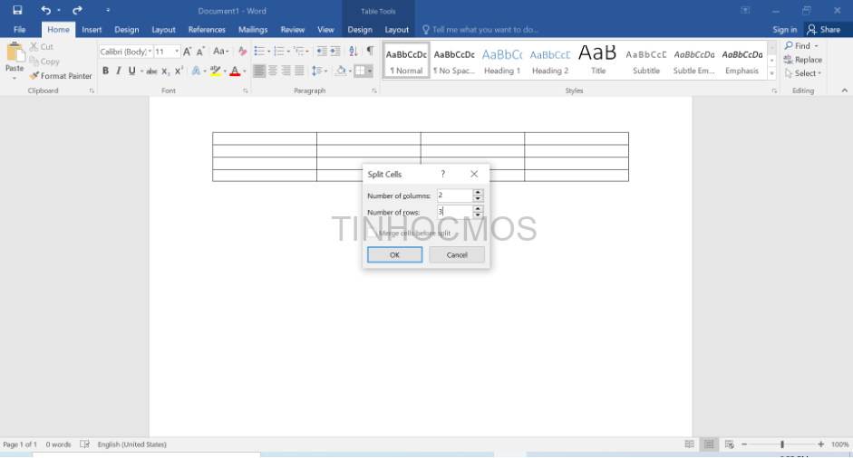tách ô trong bảng Word