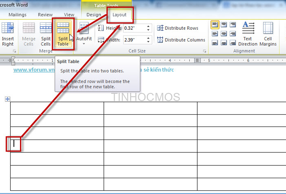 tách ô trong bảng Word
