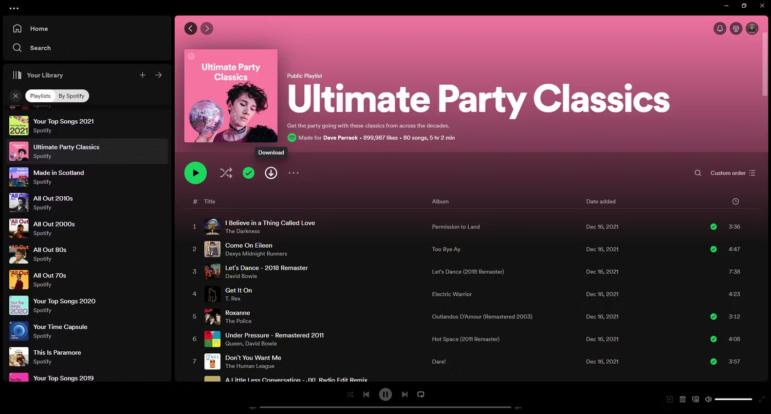 Các bản tải xuống Spotify được sắp xếp theo thứ tự bảng chữ cái.