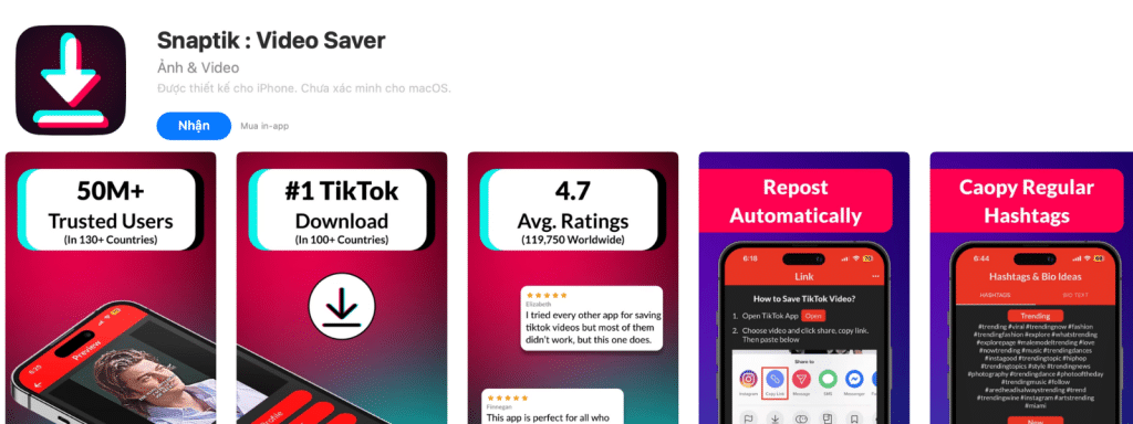 Tải video tiktok không logo - snaptik app