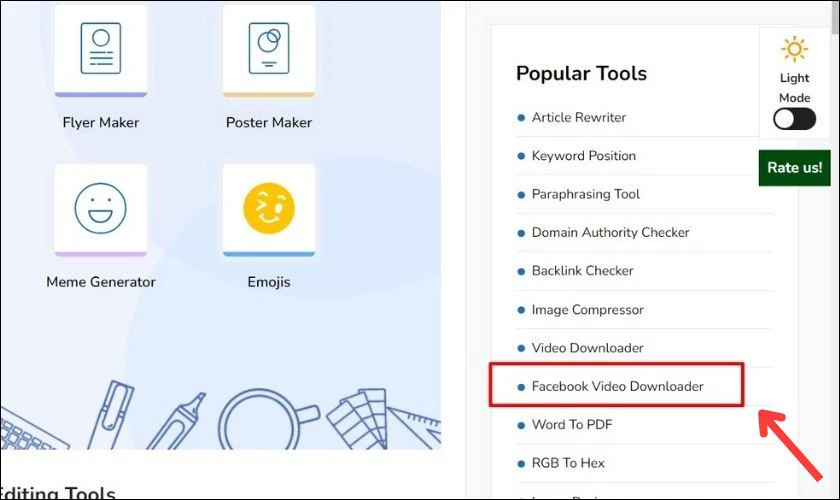 Kéo tìm chọn mục Popular Tools và nhấn chọn Facebook Video Downloader