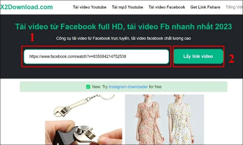 Dán link Facebook vào ô và nhấn vào Lấy link video