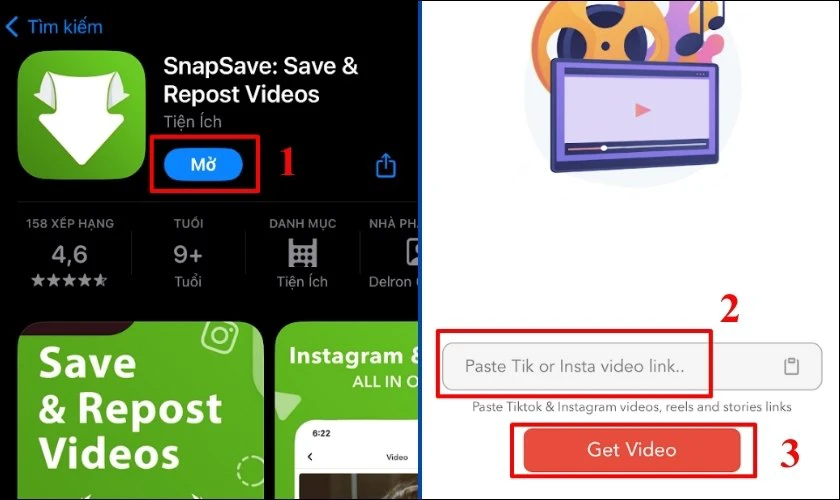 Mở ứng dụng SnapSave, dán link vừa sao chép và nhấn chọn Get Video