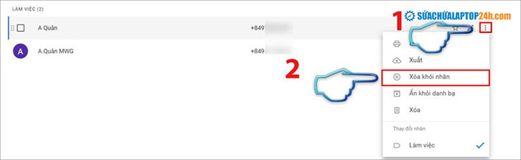 Thao tác lần lượt như hình để xóa liên hệ khỏi nhóm email
