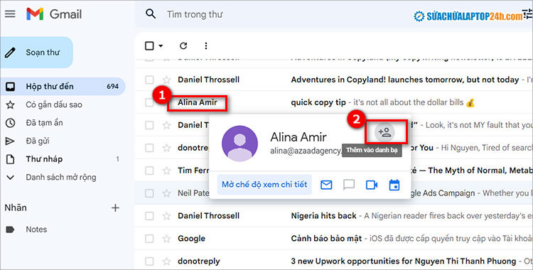 Nhấn vào biểu tượng như trong hình để thêm email vào danh bạ