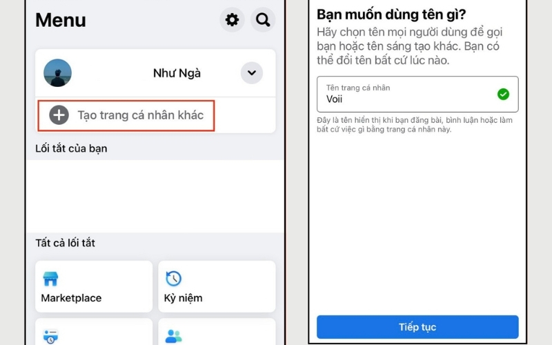 Chọn tab Menu, nhấp vào mục Tạo trang cá nhân khác