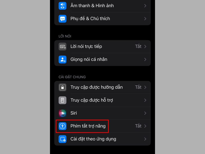 Nhấn vào tùy chọn Phím tắt trợ năng 