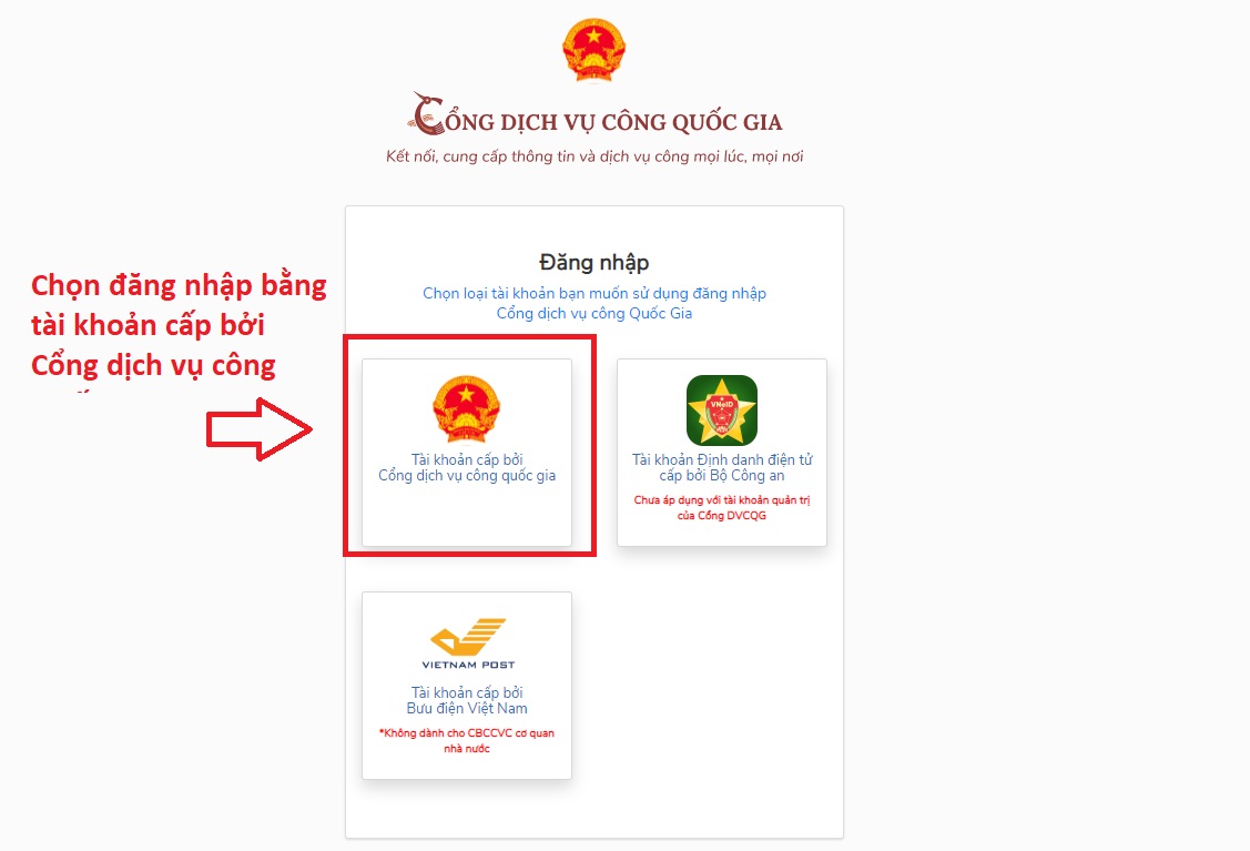 Chọn Tài khoản cấp bởi Cổng dịch vụ công Quốc gia