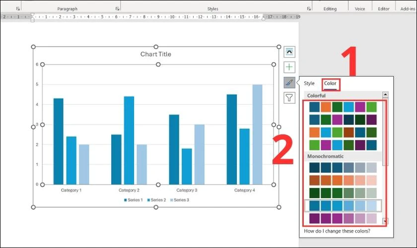 Cách thay đổi màu của cột/phần/ đường trong biểu đồ Word sau khi vẽ