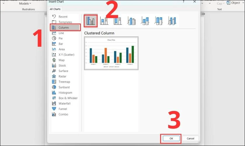 Chọn Column (cột) và click chuột vào biểu đồ cột mà bạn cần vẽ