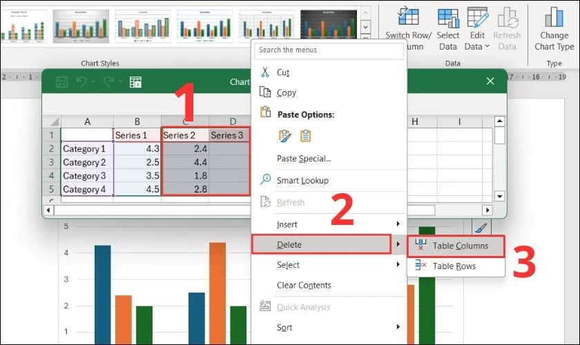 Click chuột phải chọn Delete và nhấn tiếp Table Column