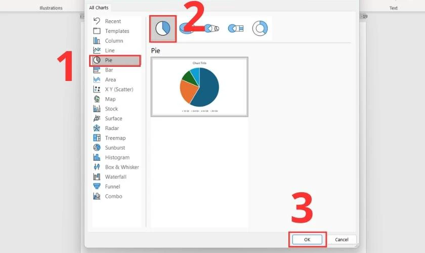 Chọn dạng biểu đồ tròn mình cần vẽ trong Word và nhấn OK