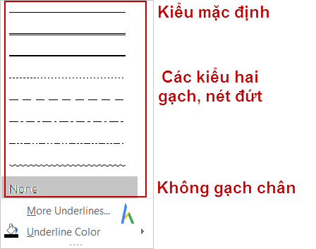 Thao tác chọn kiểu gạch chân trong chức năng Underline