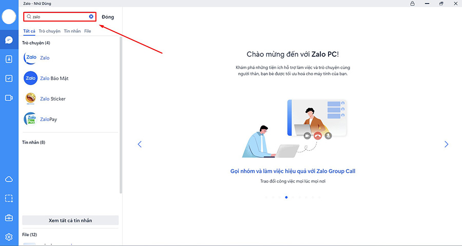 Nhập từ khóa "Zalo" vào ô tìm kiếm