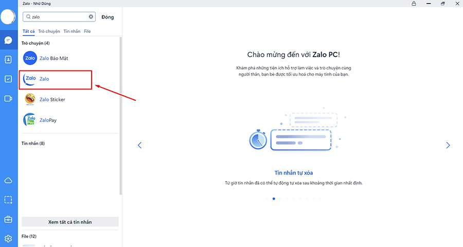 Chọn Zalo để mở giao diện chat
