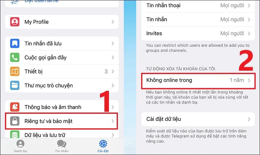 Nhấn vào Riêng tư và Bảo mật, cuộn xuống đến phần Không online trong