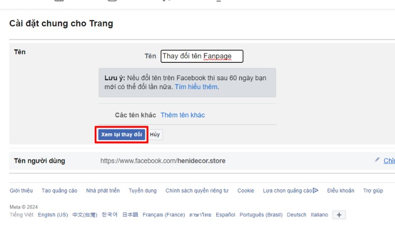 Đổi tên fanpage