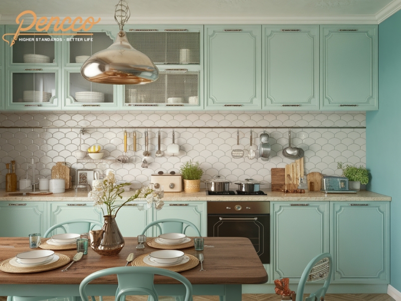 Phòng bếp phong cách retro với tường màu xanh pastel, bàn bếp gỗ và phụ kiện kim loại ánh bạc, phù hợp người mệnh Thủy