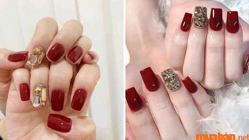 Nail Hàn Quốc màu son môi đính đá