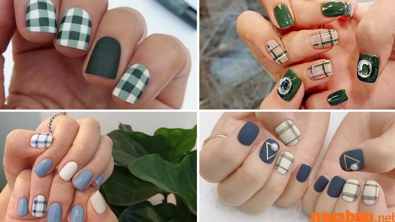 Mẫu nail Hàn Quốc kẻ caro hiện đại