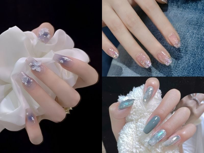 Mẫu nail đơn giản màu tím, xanh sang trọng