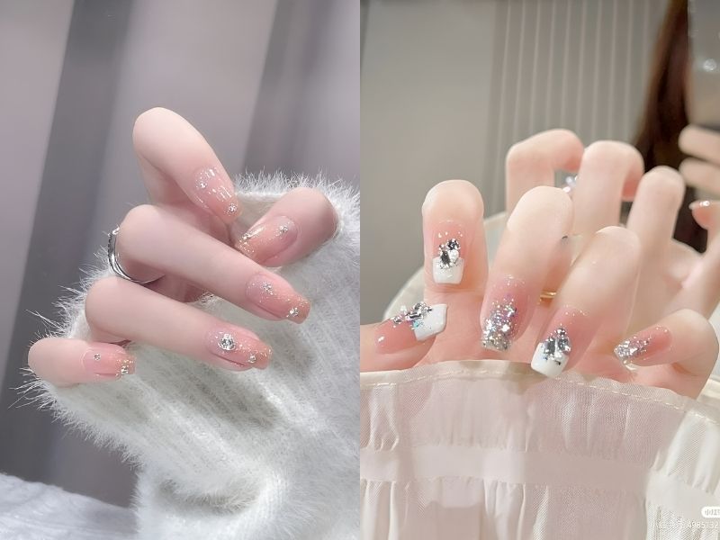 Mẫu nail đính đá màu hồng