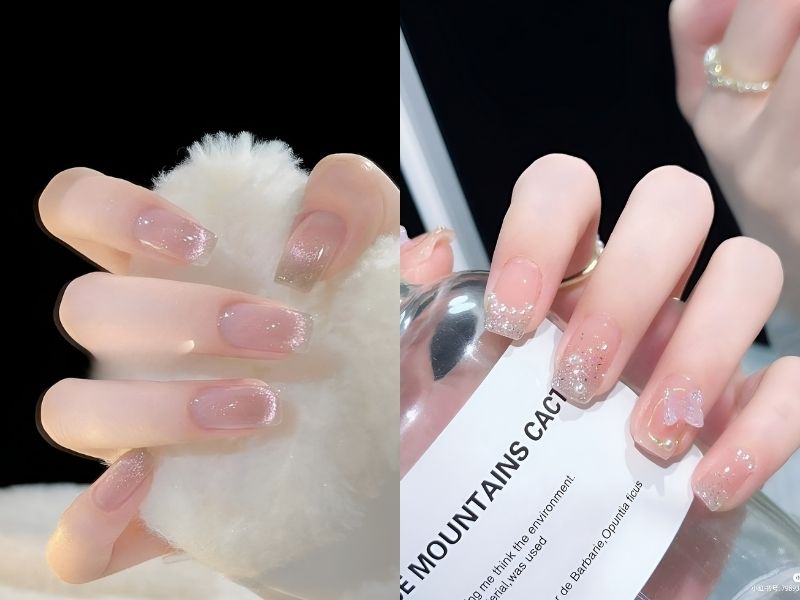 Mẫu nail đơn giản ánh nhũ màu hồng nhẹ nhàng