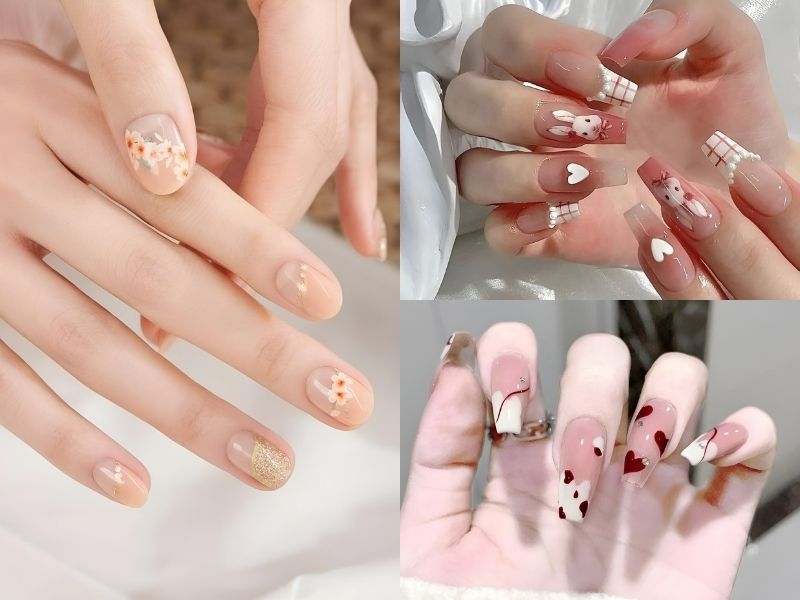 Nail vẽ hoa, hoạ tiết sọc, ô vuông đơn giản