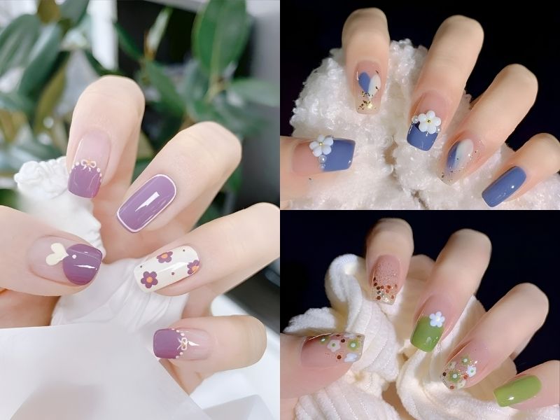 Nail vẽ hoa đơn giản trên nền tím, xanh