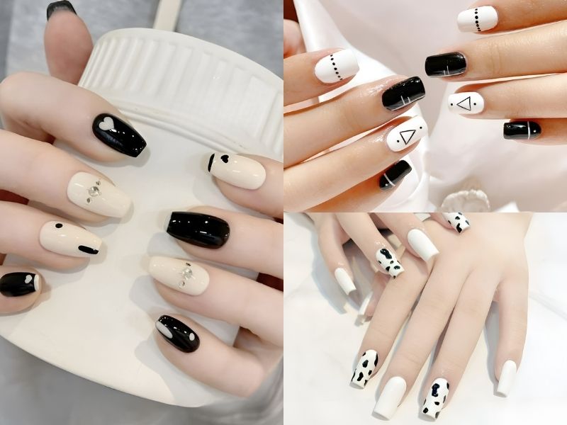 Nail trắng đen đơn giản có hoạt tiết