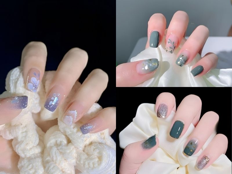 Mẫu nail đơn giản cá tính màu tím xanh kim tuyến