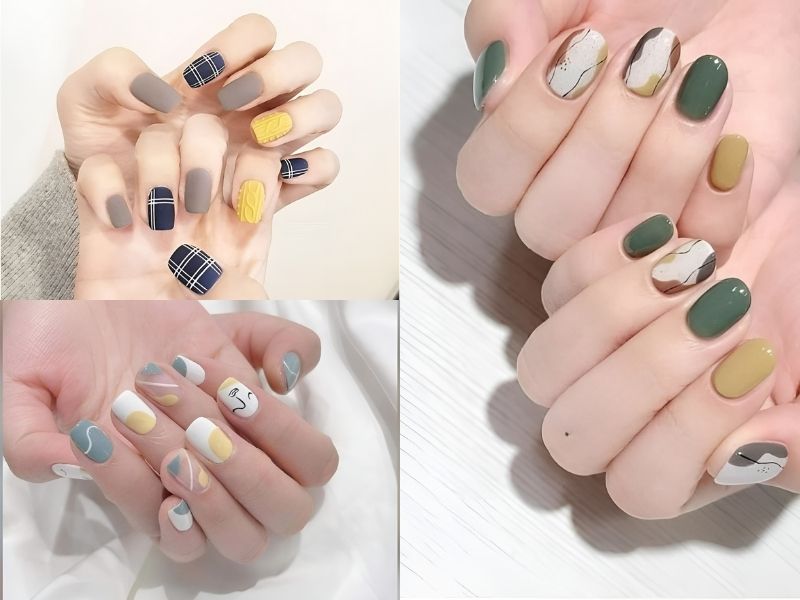 Nail hoa văn trừu tượng vàng trắng xanh