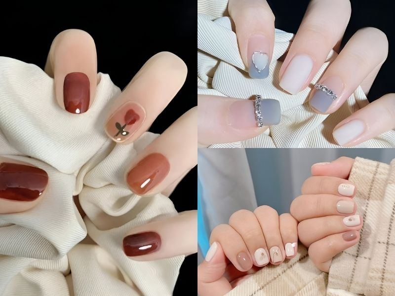 Mẫu nail đơn giản cho móng ngắn đính hạt nhỏ, vẽ bông hoa