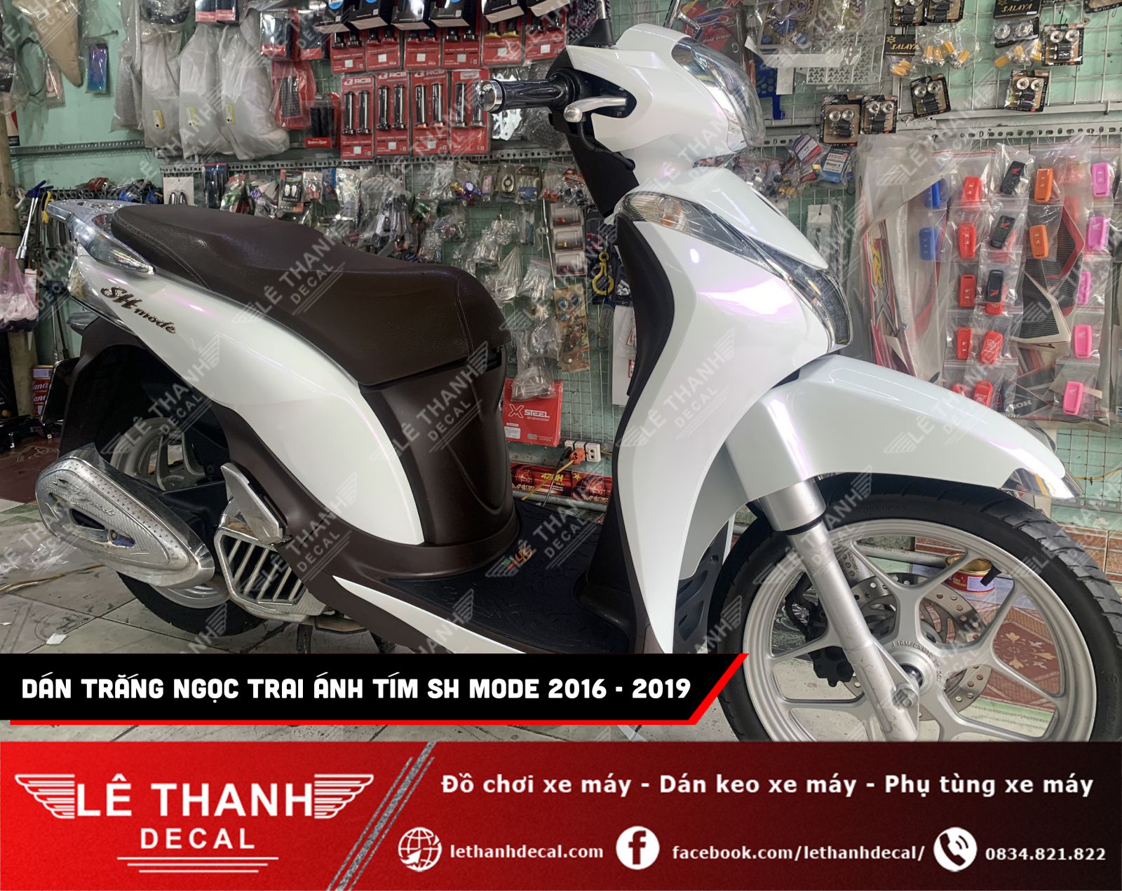 Dán decal đổi màu trắng ngọc trai ánh tím SH Mode 2016 - 2019