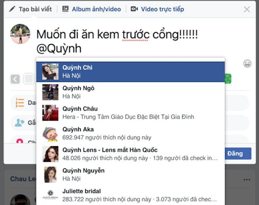 cách tag tên trên facebook vào trong một bài đăng trạng thái mới